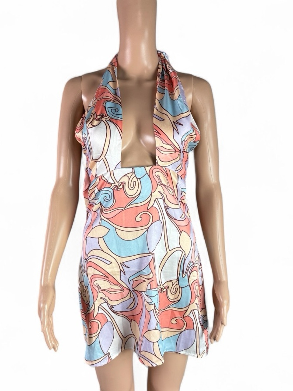Hello Molly Pastel Orange & Blue Halter Mini Dress with Front Cutout - Picture 3 of 7
